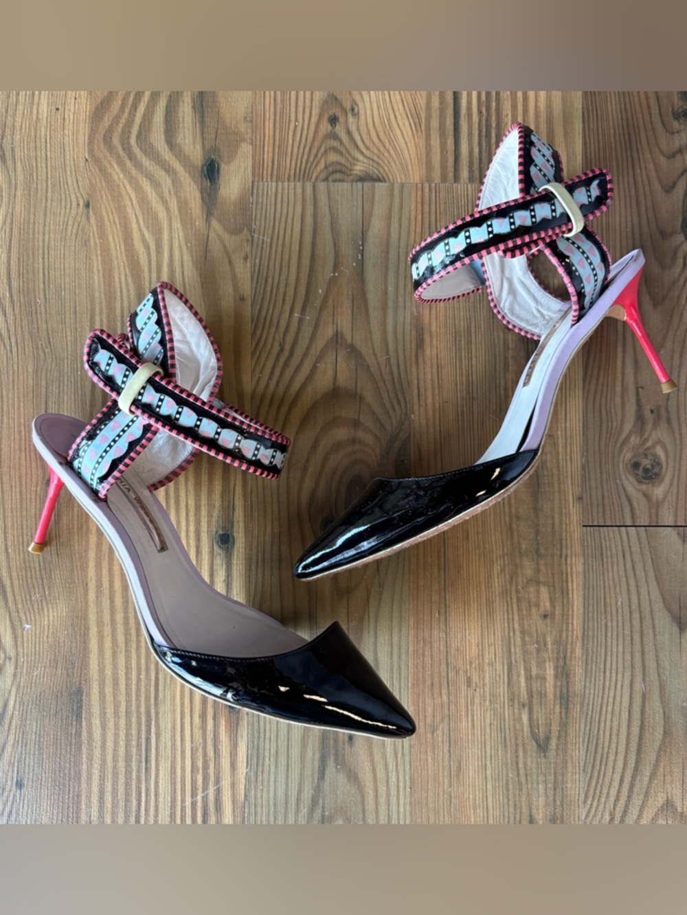 Sophia Webster Black Patent Pointed Toe Heels with Pink Accent Straps Sz 38.5